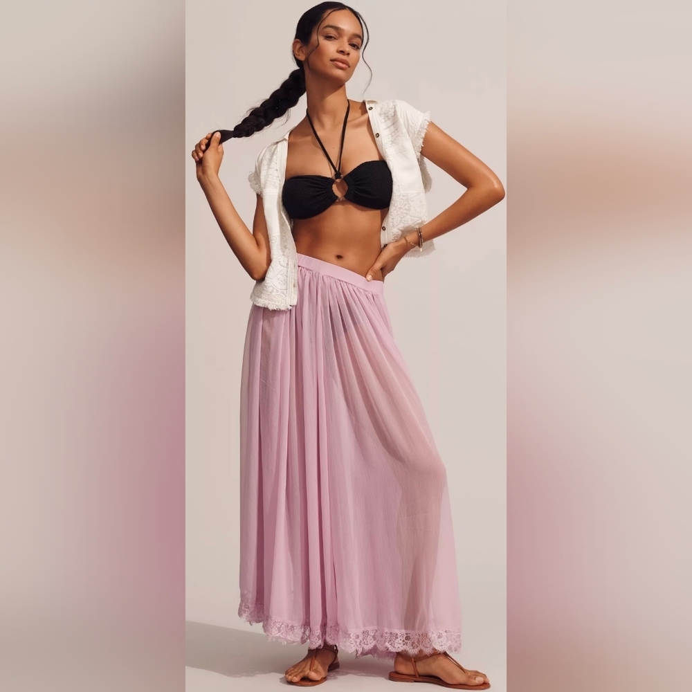 Anthropologie Sheer Maxi Skirt With Lace Trim